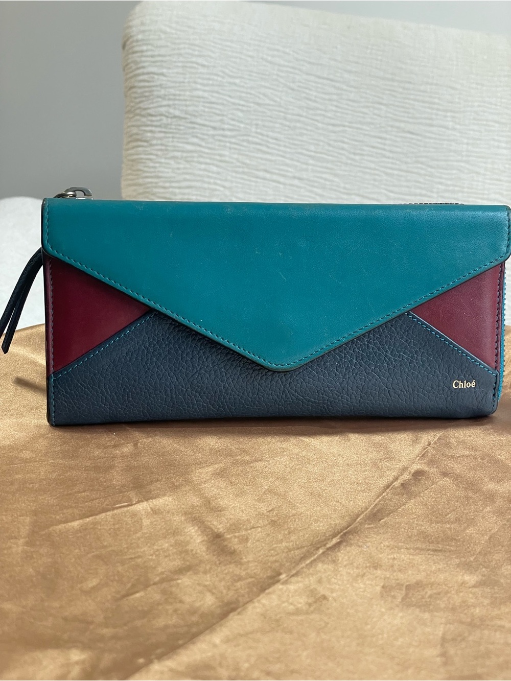 Chloé Tri-Color Leather Continental Wallet — Teal, Navy & Burgundy